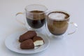 Glazed cheese curds and coffee in mugs Royalty Free Stock Photo