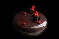 Glazed chocolate cake with berries on black background Royalty Free Stock Photo