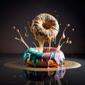 Glazed colorful Donuts falling. Splashing milk and chocolate. Dripping and oozing glaze. Generative AI