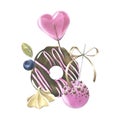 Glazed donut with chocolate, lollipop, cakepop, meringue and berries. Hand drawn watercolor illustration for prints