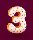 Glazed donut font. Number 3. Number three cake. Dessert style. Collection of tasty bakery numbers with cream