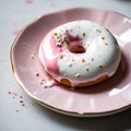 Glazed donut with sprinkles on pink plate, square clous-up image