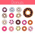 Glazed donuts with coconut shavings and chocolate vector cartoon icon set.