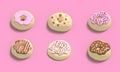 Glazed Donuts Collection 3d realistic design set of elements. Sweet food, donuts with sprinkle Royalty Free Stock Photo