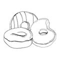 Glazed donuts hand drawn vector black and white illustration. Delicious round doughnuts for bakeries and pastry designs