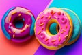 Glazed donuts on pink background. Generative AI