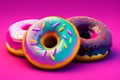 Glazed donuts on pink background. Generative AI