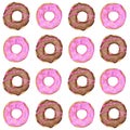 Glazed donuts with pink and chocolate topping isolated on white background.
