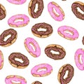 Glazed donuts with pink and chocolate topping isolated on white background.