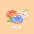 Glazed donuts vector isolated on beige background. Cute, colorful and glossy donuts with icing and multi-colored powder. For the Royalty Free Stock Photo