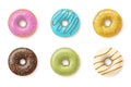 Glazed icing donuts colored baked circle rings top view set realistic vector illustration Royalty Free Stock Photo