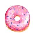 Glazed pink donut with colored sprinkles isolated on white background