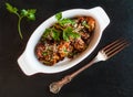 Glazed pork with homemade sauce made from onions, garlic, tomatoes, mustard, vinegar, honey, soy sauce and sesame seeds Royalty Free Stock Photo