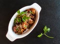 Glazed pork with homemade sauce made from onions, garlic, tomatoes, mustard, vinegar, honey, soy sauce and sesame seeds. Royalty Free Stock Photo