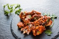 Glazed pork with homemade sauce made from onions, garlic, tomatoes, mustard, vinegar, honey, soy sauce and sesame seeds. Royalty Free Stock Photo