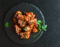 Glazed pork with homemade sauce made from onions, garlic, tomatoes, mustard, vinegar, honey, soy sauce and sesame seeds. Royalty Free Stock Photo