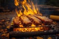 glazed ribs cooking over a campfire with golden embers