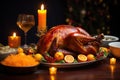 glazed roast turkey on a table with candles