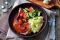 Glazed roasted chicken leg with mashed potatoes and vegetable salad on a wooden background Royalty Free Stock Photo