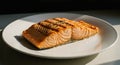 Glazed Salmon Fillet with Herbs on White Plate in Natural Light Royalty Free Stock Photo
