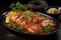 Glazed salmon fillet with sesame close-up on a plate. Royalty Free Stock Photo