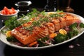 Glazed salmon fillet with sesame close-up on a plate. Royalty Free Stock Photo