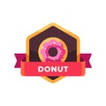 Glazed sprinkled pink donut. Fast food label Royalty Free Stock Photo