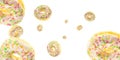 Glazed sprinkles. Chocolate sweet fresh donuts in motion flying on white background. Royalty Free Stock Photo