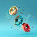 Glazed sweet realistic donut on blue background Generative AI