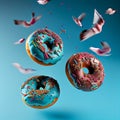 Glazed sweet realistic donut on blue background Generative AI