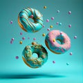 Glazed sweet realistic donut on blue background Generative AI