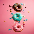 Glazed sweet realistic donut on pink background Generative AI