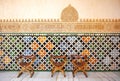 Glazed tiles, azulejos, medieval chairs, Alhambra palace in Granada, Spain