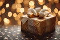 Gleaming gift Gold gift box against a bokeh background