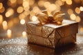 Gleaming gift Gold gift box against a bokeh background