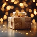 Gleaming gift Gold gift box against a bokeh background