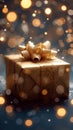 Gleaming gift Gold gift box against a bokeh background