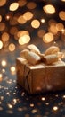 Gleaming gift Gold gift box against a bokeh background