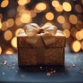 Gleaming gift Gold gift box against a bokeh background