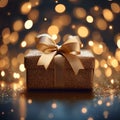 Gleaming gift Gold gift box against a bokeh background