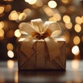 Gleaming gift Gold gift box against a bokeh background