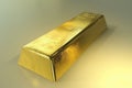 A gleaming gold bar captivatingly rests atop a table, showcasing the luxuriousness of this highly valuable precious metal, A bar