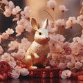 A gold bunny statue next to flowers