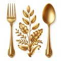 Gleaming Gold Flatware Set on White Canvas, Isolate Image, Generative AI. Royalty Free Stock Photo