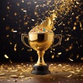 A gleaming gold winners trophy cup takes center stage, surrounded by a festive explosion of colorful celebration
