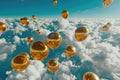 Gleaming golden orbs floating amid cerulean sky and fluffy cumulus clouds, evoking a surreal dreamscape