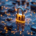 Golden Padlock on a Futuristic Electronic Circuit Board