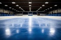 Gleaming ice, radiant arena immaculate hockey rink under bright white and intense blue spotlights