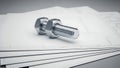 Precision Bolt and Nut on Engineering Blueprints Royalty Free Stock Photo