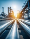 Industrial metal pipelines reflecting sunlight while stretching towards the horizon in a modern refinery or chemical plant setting Royalty Free Stock Photo